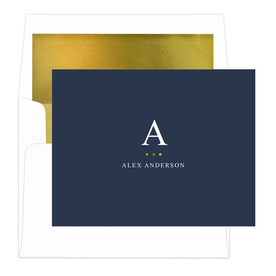 Navy Initial Gold Foil Indicator Folded Note Cards with Lined Envelopes